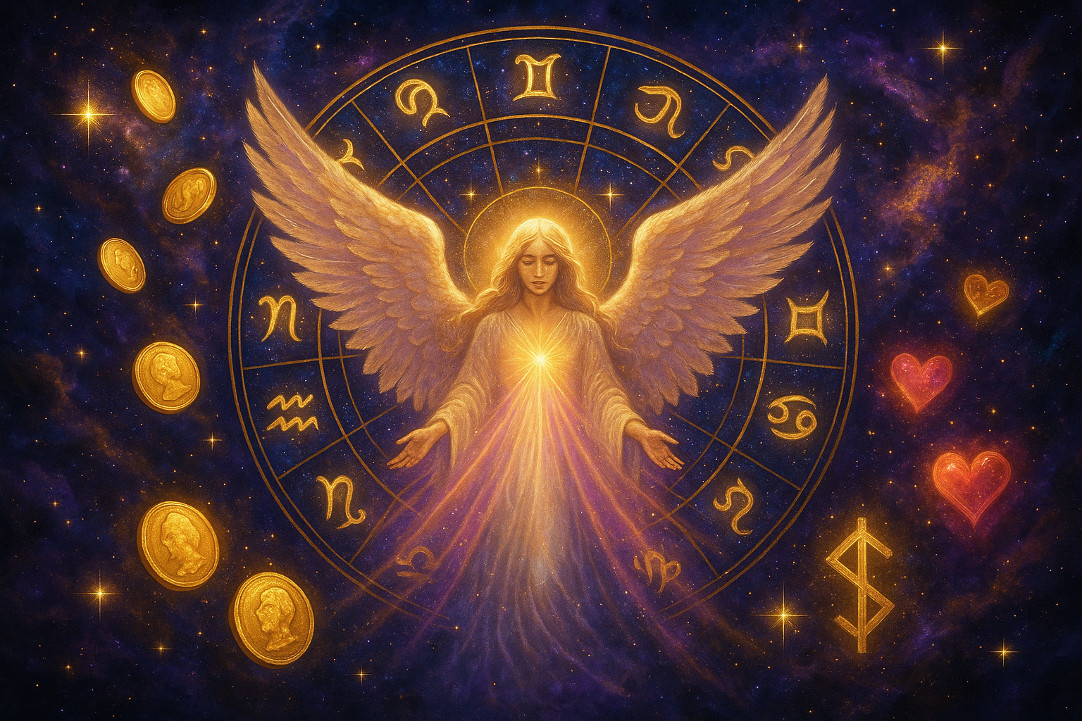 generar imagente  carta astral, angel, signos del zodiaco, espacio impactante para sitio de atraer dinero y amor