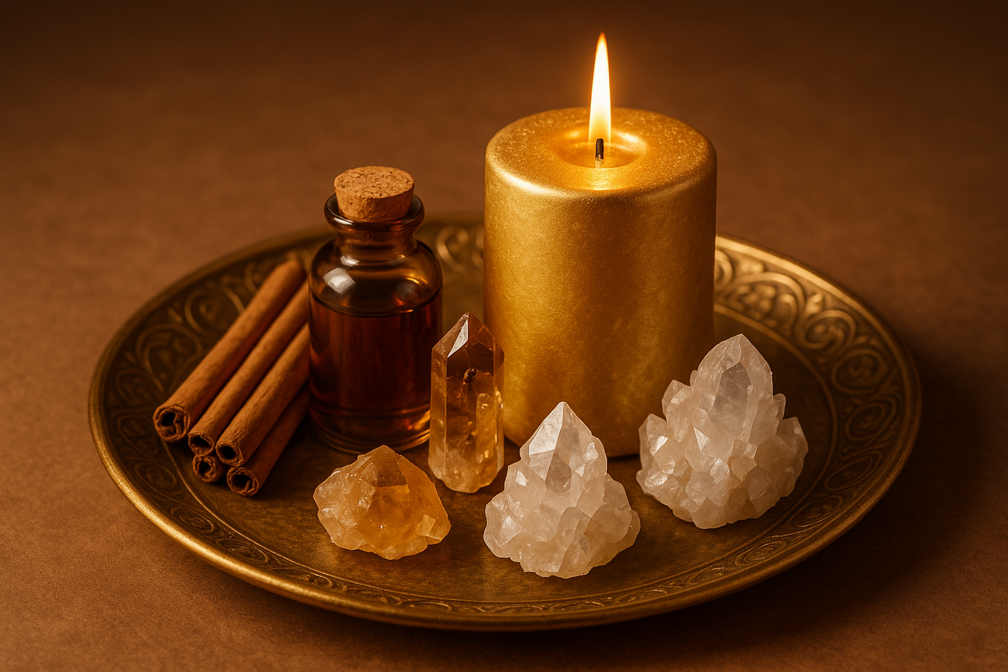 kit de vela dorada, rama de canela, esencia de clavito cristales plato