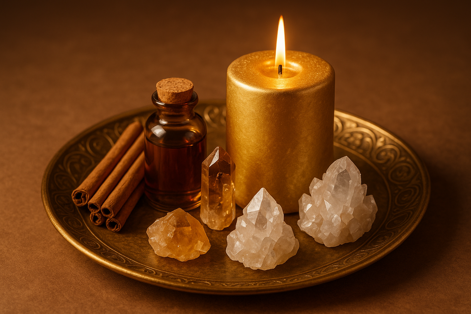 kit de vela dorada, rama de canela, esencia de clavito cristales plato
