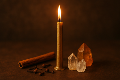vela dorada delgada, raja de canela, esencia de clavito, cristales
